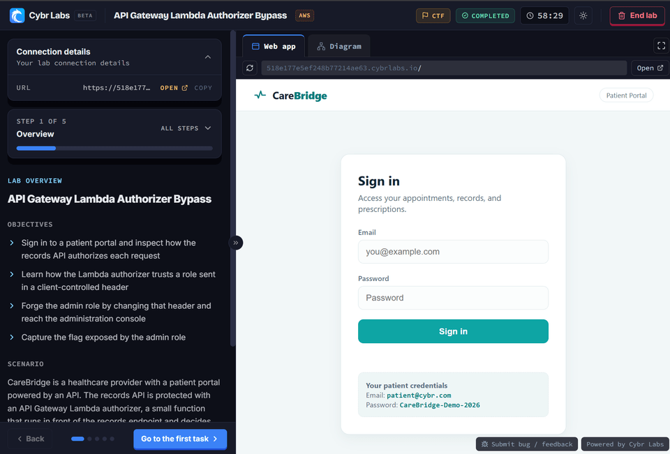 The Cybr lab player, with lab instructions and a running AWS environment