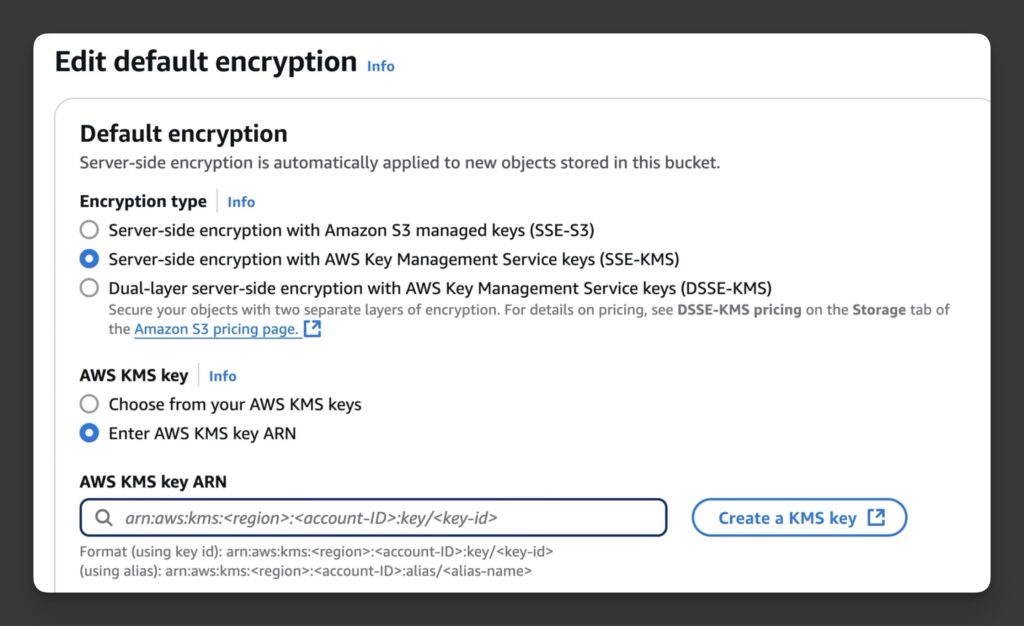 Editing default encryption settings for S3 buckets