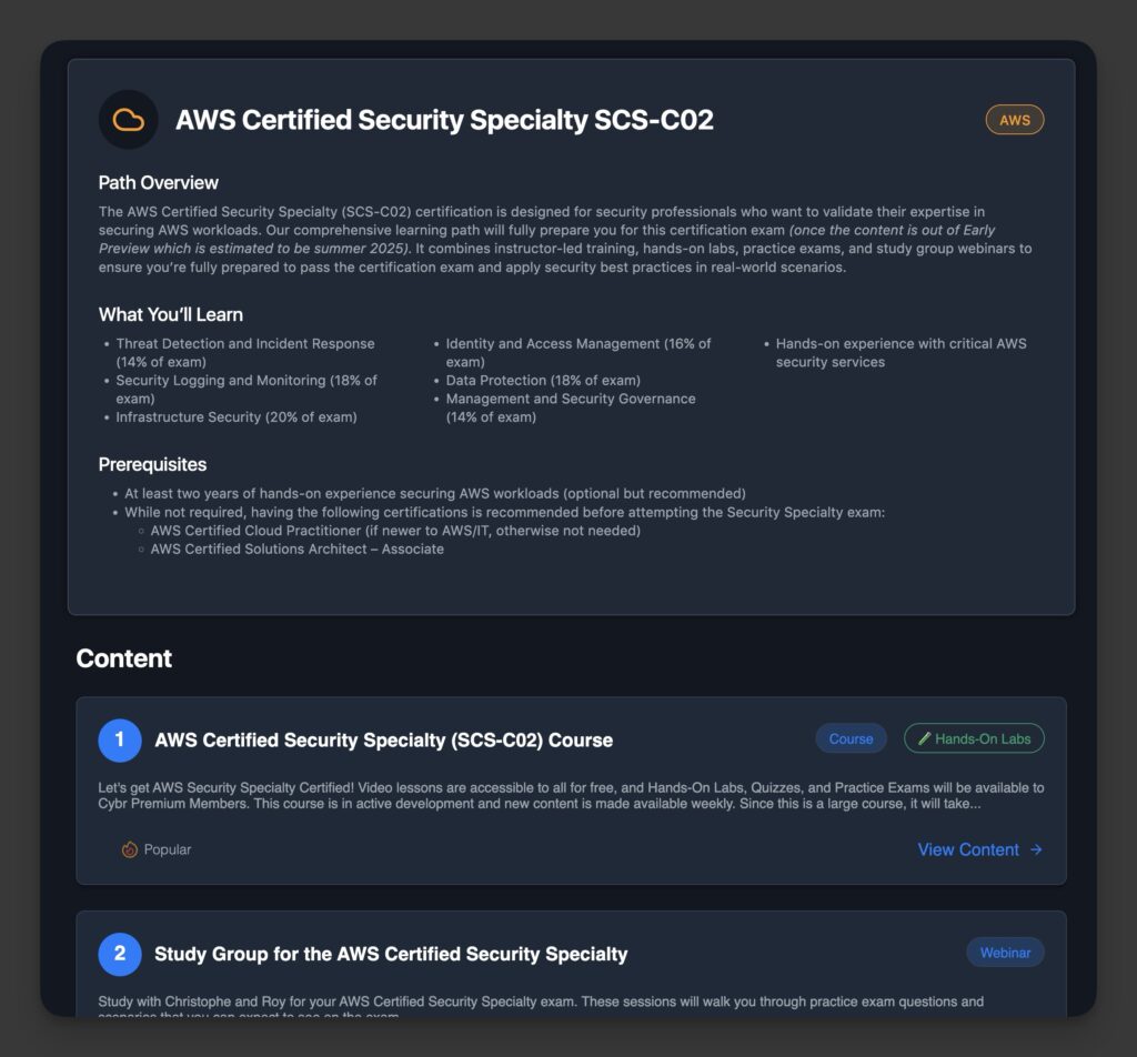 Cybr's AWS Certified Security Specialty SCS-C02 learning path